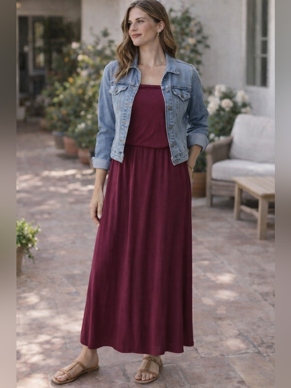 J. Jill Burgundy Strapless Maxi Dress Large Petite Soft Stretch Flowy Summer